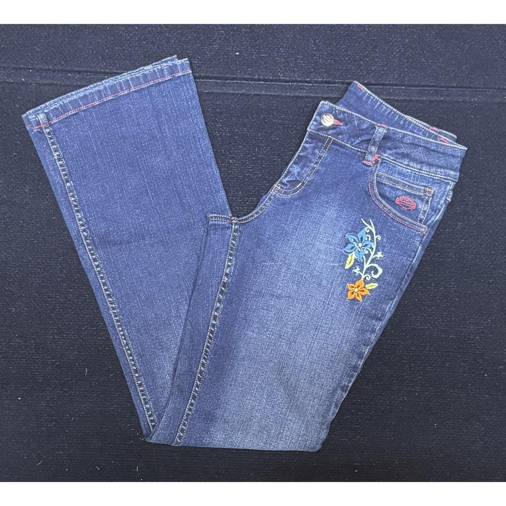 Harley Davidson Womens 4 Jeans Y2K 2006 Embroidered Eagle Floral Bootcut Denim